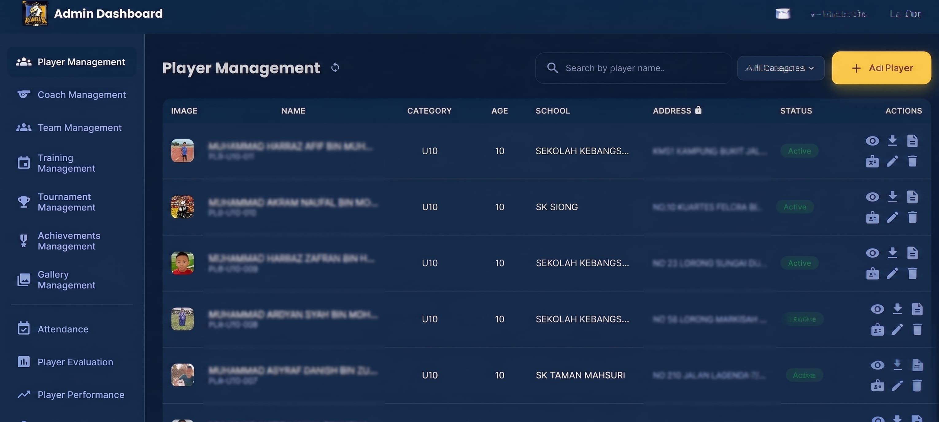 Admin dashboard showing player management with search, filters, and status tracking
